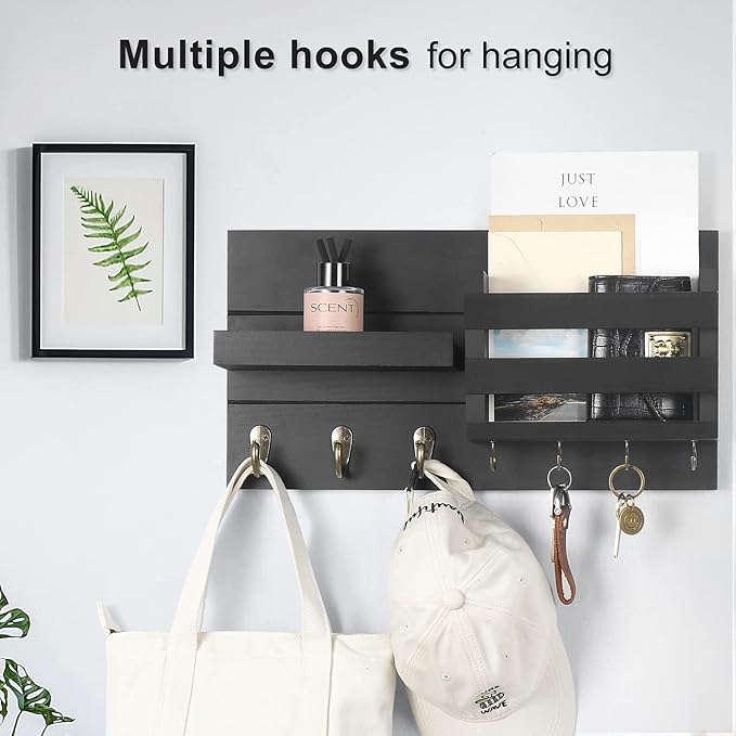 Mail Organizer for Wall Mount – Key Holder with Shelf Includes Letter Holder and Hooks for Coats, Dog Leashes – Rustic Wood with Flush Mounting Hardware (16.5” x 8.7” x 3.5”)