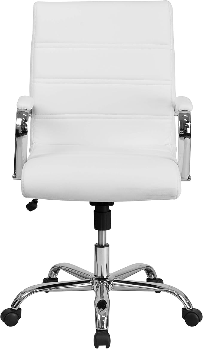 Flash Furniture Whitney Mid-Back Swivel LeatherSoft Desk Chair with Padded Seat and Armrests, Adjustable Height Padded Office Chair, White/Chrome