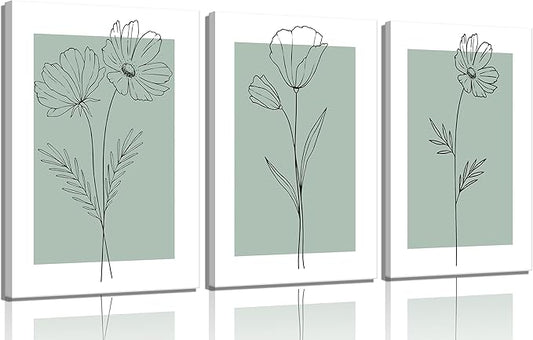 3 pcs of Line Flower Canvas Wall Art Minimalist Flower Paintings Pictures Decor Green Botanical Flower Simplicity Posters Prints for Living Bedroom Bathroom Scene Home Decoration
