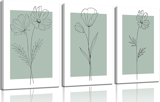 3 Line Flower Canvas Wall Art - Minimalist Botanical Flower Paintings for Living Room, Bedroom, Bathroom Decor