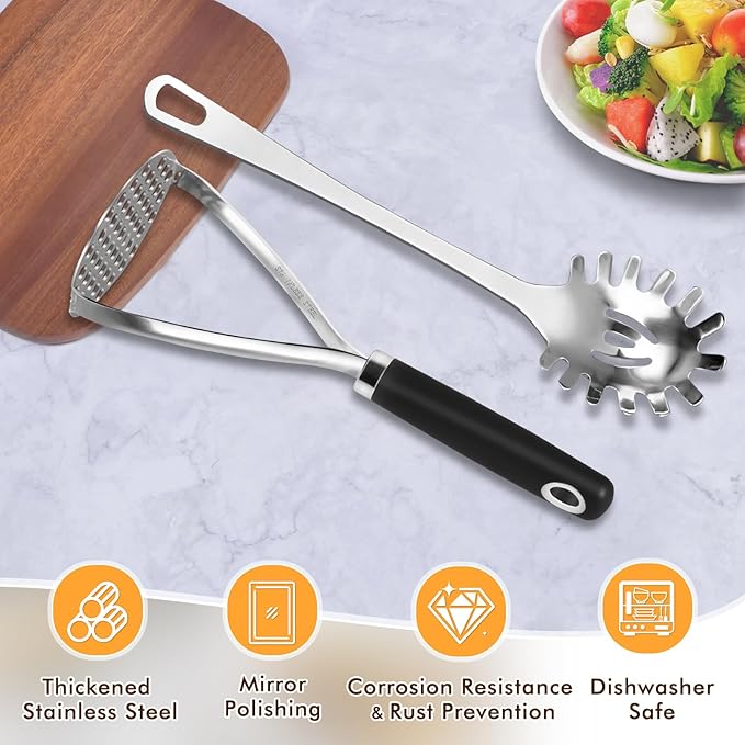 Heavy Duty Stainless Steel Potato Masher, Sturdy Metal Potato Smasher with Silicone Handle, High Heat Resistant Cooking Utensils for Kitchen Use, Dishwasher Safe, Easy to Clean, Silver