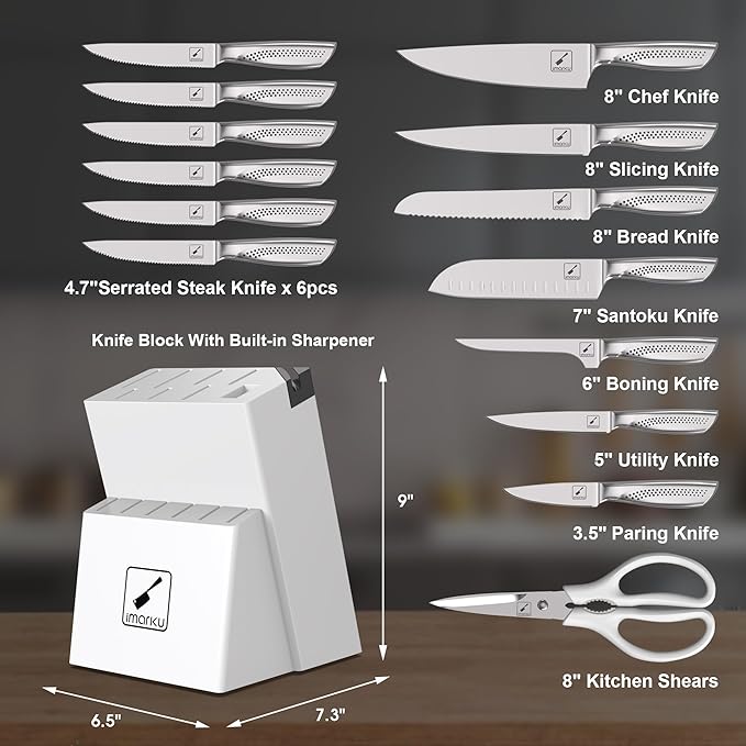 imarku Knife Set, Japanese HC Stainless Steel 15 PCS Kitchen Knife Set With Block With Built-in Sharpener, Razor-Sharp Blade Knife Block Set With Dotted Ergomomic Handle, Best Birthday Gifts, White