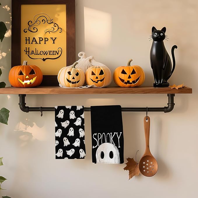 Halloween Kitchen Towels, Black White Spooky Ghost Dish Towels, Hand Towels Holiday Home Indoor Bathroom Party Seasonal Decorations Set of 2, 18x26 Inch
