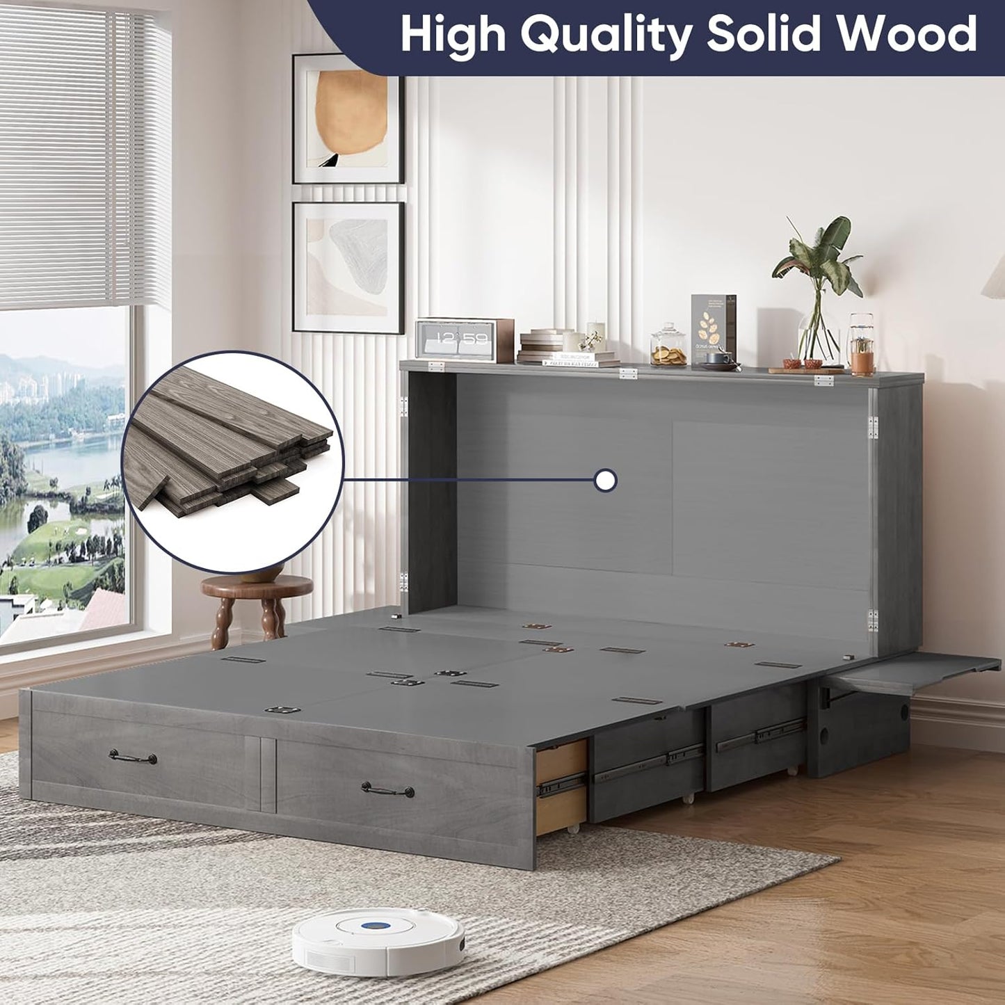 ijuicy Chest Murphy Bed Queen, Murphy Cube Cabinet Bed with 3 Level Foldable Memory Foam Mattress, 2 Large Drawers and Charging Station for Guests Room/Bedroom(Charcoal Grey)