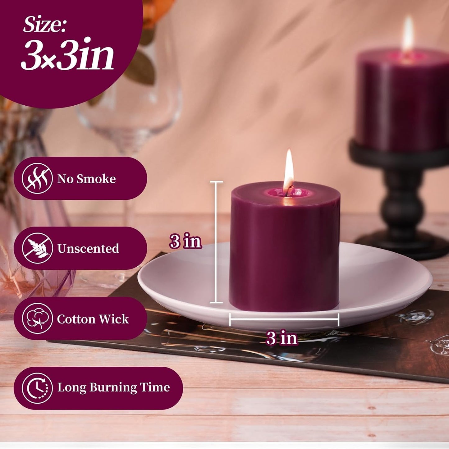 KONNI Purple Pillar Candles Set of 3, 3"x 3" Unscented Pillar Candles Bulk, 30 Hours Long Burning Candles, Smokeless&Dripless Large Round Candle for Wedding, Home Decoration, Parties, Spas, Dinner