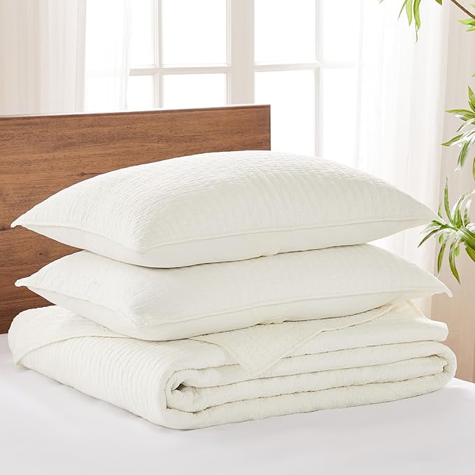 Levtex Home Cross Stitch Reversible Queen Bedspread Set (104x106in) with 2 Pillow Shams (26x20in) - Stitch Texture - Cream - Cotton Queen Size Bedspread Set - Lightweight, Soft, Pre-Washed