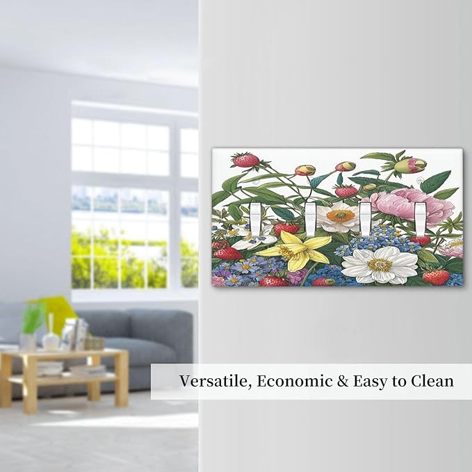 Spring Watercolor Flower Plant Strawberry Peony Floral Light Switch Covers Quad Toggle 4 Gang Wall Plate Decorative Switch Plates Electrical Faceplate for Bedroom living Room Decor