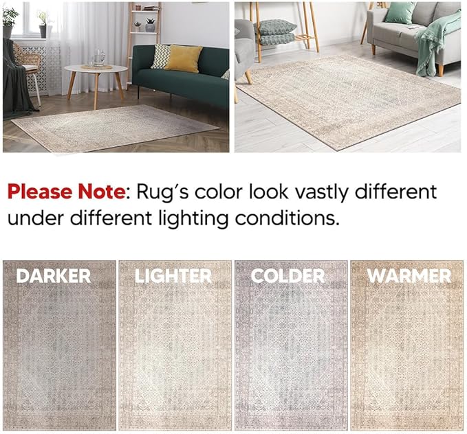 Keen Home Design 5x7 Rug - Machine Washable Area Rug with Non-Slip Backing, Ideal for Living Room, Dining Room, Bedroom - Vintage, Easy Clean, Durable, Low Pile Rug - (5' x 7')