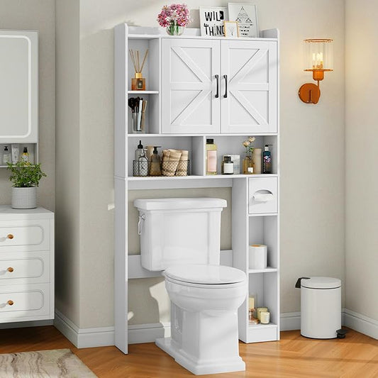 Over The Toilet Storage Cabinet, Farmhouse Storage Cabinet Over Toilet with 2 Barn Door & Toilet Paper Holder Stand，Home Space-Saving Toilet Rack, for Bathroom, Restroom, Laundry