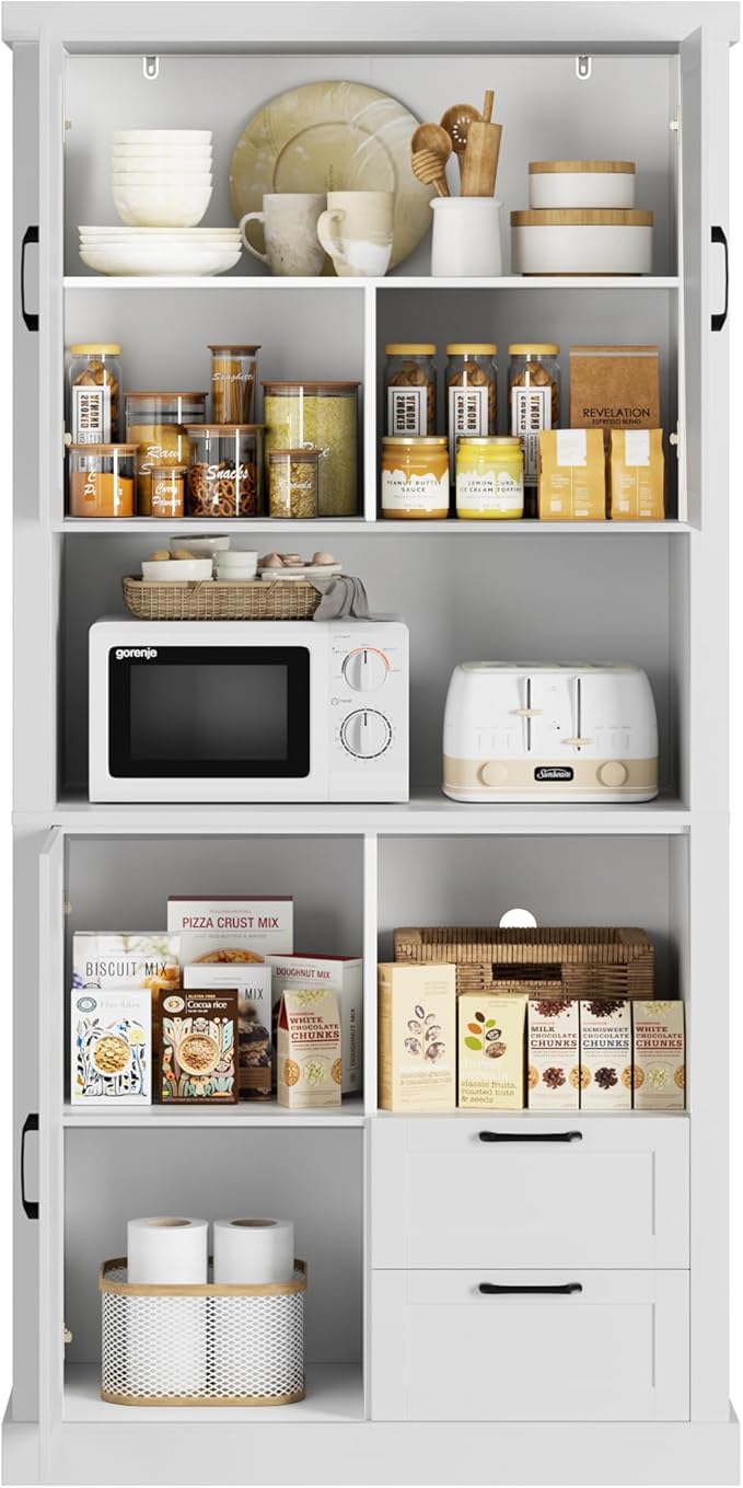 HOSTACK 76" Tall Farmhouse Kitchen Pantry Cabinet, Kitchen Hutch Bar Cabinet with Drawers & Shelves, Large Wood Storage Cabinets with Barn Doors & Microwave Stand, Cupboard for Dining Room, White