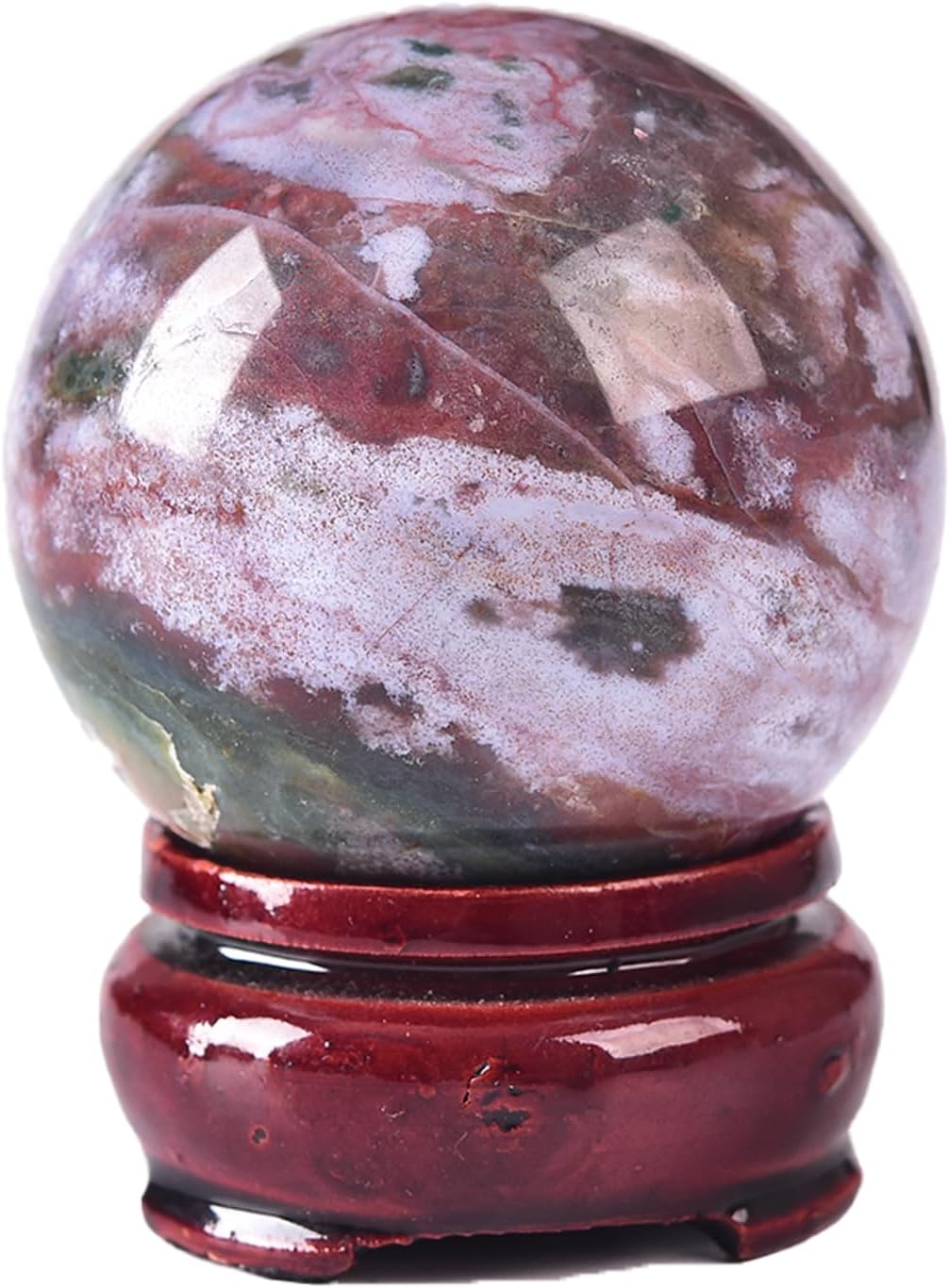 JIC Gem Natural Ocean Jasper Crystal Sphere Decorative Ball with Wooden Stand Meditation Balls for Witchcraft Reiki Healing Gift 50-60mm