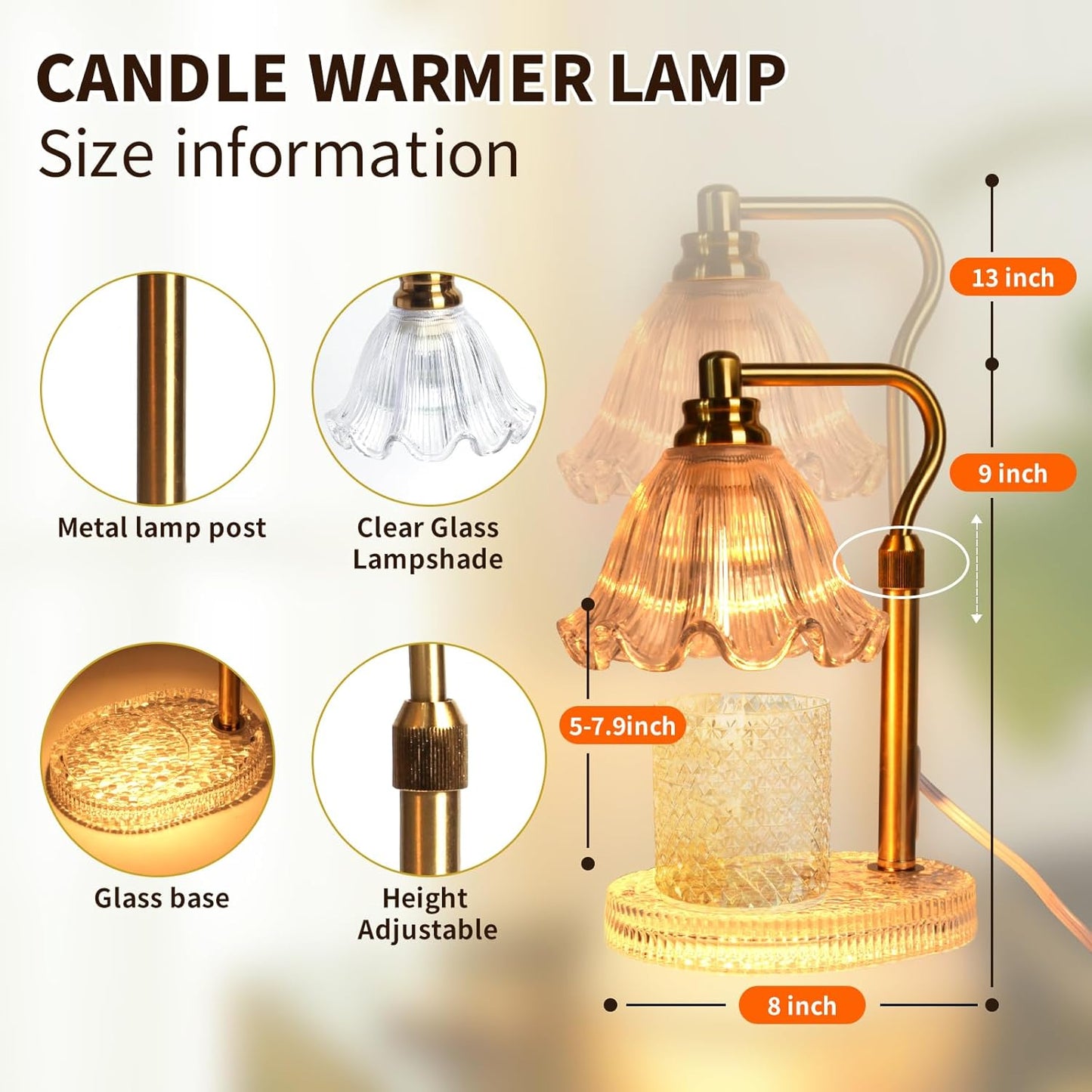 Candle Warmer Lamp with Timer: Adjustable Height and 4 Dimmer, Crystal Glass Base, Heater Wax Warmer for Jar Scented, Home Décor and Housewarming & Birthday Gift for Mom Woman, 2 Bulbs (White Flower)