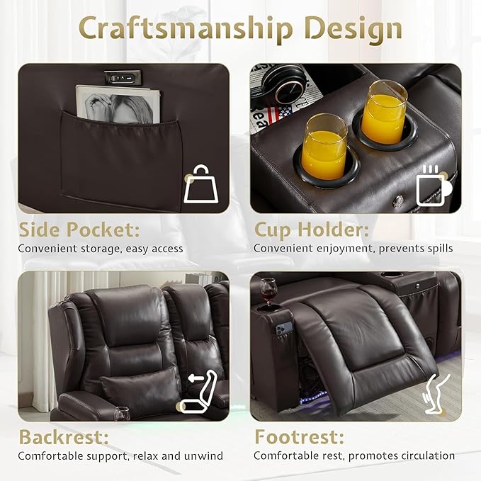 SAMERY Power Loveseat Recliner Sofa with Adjustable Split Back, USB Charging, Bluetooth Speakers & LED Lighting – Home Theater Seating with Storage, Cup Holders, Brown Faux Leather Loveseat Recliner