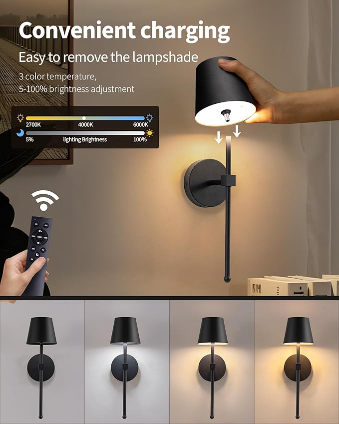 KDG Wireless Wall Sconces Set of 2, Small Cordless 5200mAh Rechargeable Battery LED Wall Lamps, Stepless Dimming Lightings for Wall Painting, Living Room, Bedroom, Hallway, Gifts, Night Light (Black)
