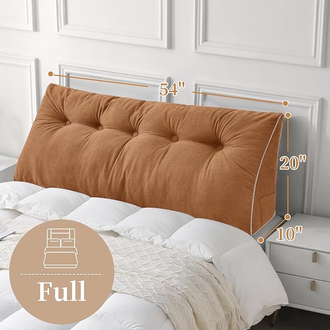Sasttie Headboard Pillow Full, Wedge Pillow Headboard for Sitting Up in Bed, Back-Rest Support Triangular Cushion for Reading - Features Removable Washable Cover, Caramel