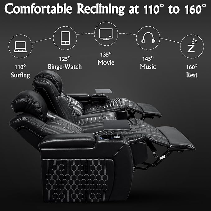 Home Theater Seating, Living Room, Powered Headrest, Powered Lumbar, Italian Leather, Powered Recline, Single Recliner (Black, Row of 3 Console)