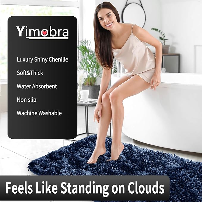 Yimobra Long Bathroom Rug Non Slip 44x24 Inch, Extra Thick Soft Absorbent Chenille Bath Mat, Machine Washable Quick Dry Bath Rugs for Bathroom Floor, Tub and Shower, Home Decor Accessories, Dark Blue