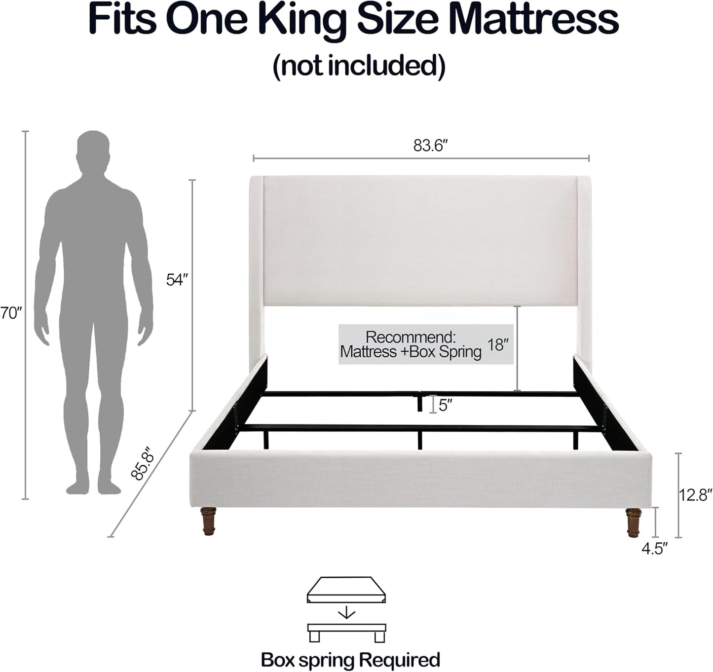 King 54" Tall Headboard Wingback Upholstered Platform Bed Frame Premium Textured Canvas Elegant Simplicity for Bedroom King Bed Without Wooden Slats Box Spring Required Easy Assembly Ivory