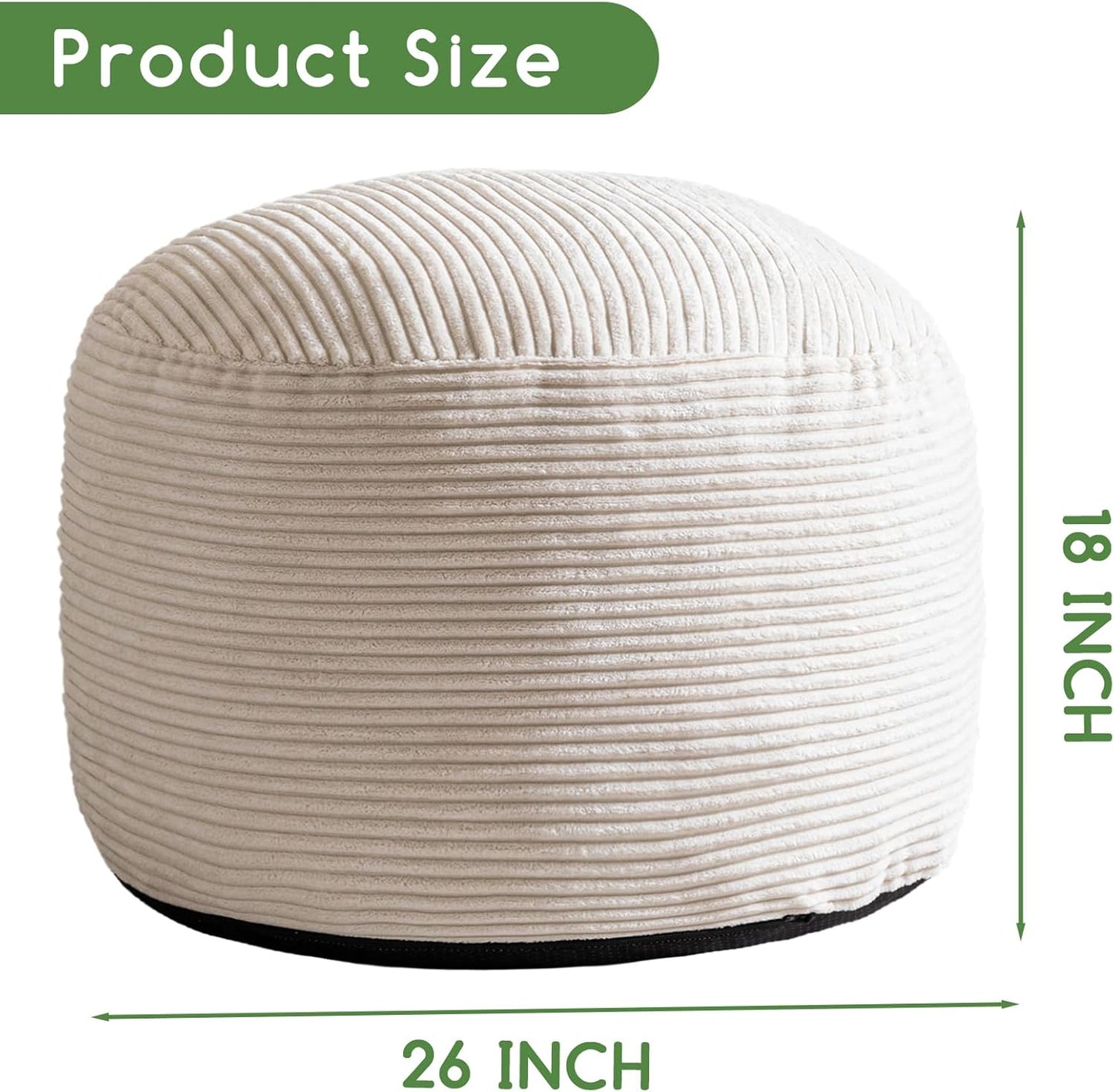 HIGOGOGO Round Stuffed Pouf Ottoman, Corduroy Poufs with Foam Chunk Filling, Corduroy Pouf Foot Stool Storage Ottoman, 26 X 18 Floor Poufs Foot Rest for Living Room, Beige