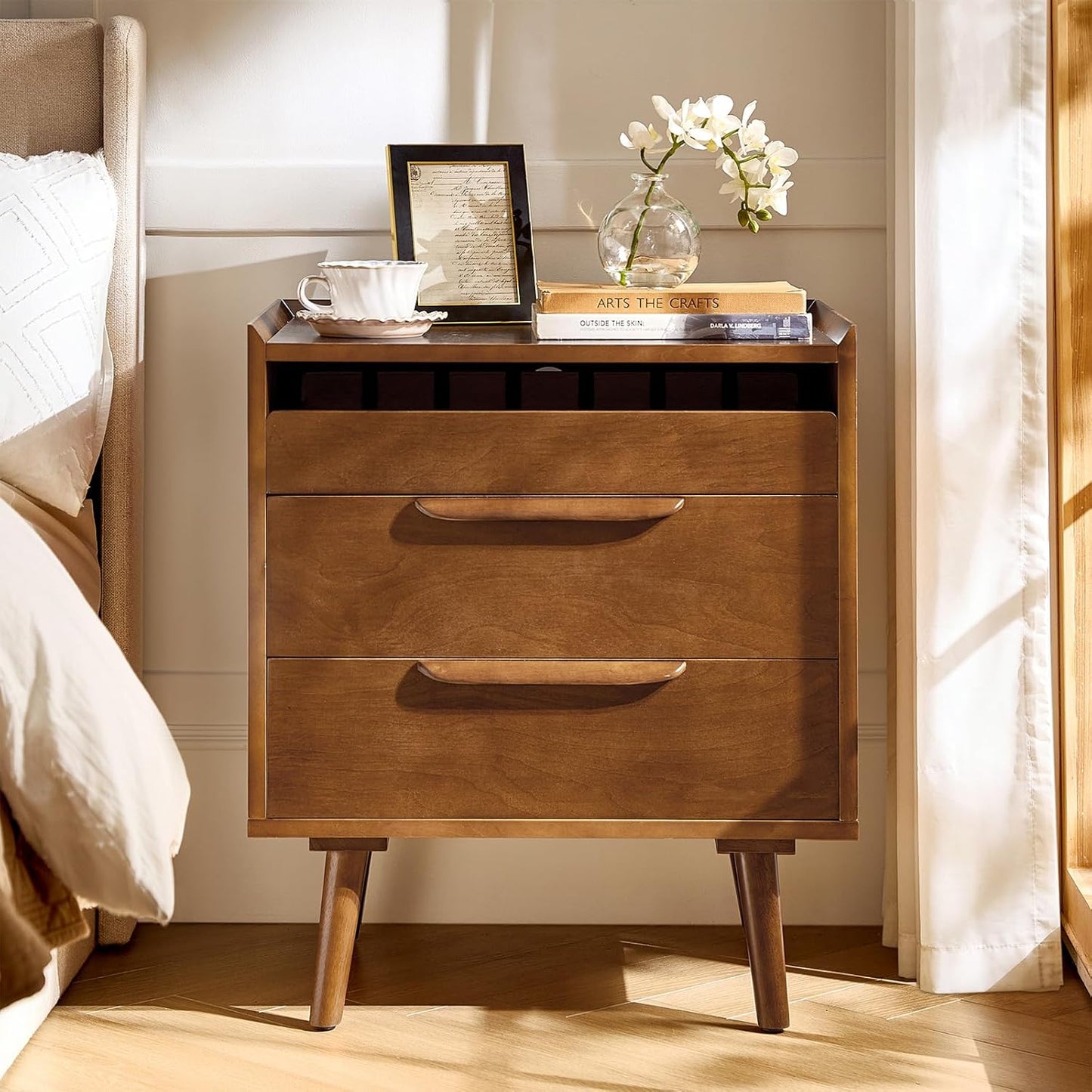 HULALA HOME Nightstand with Charging Station, Mid-Century Modern 2 Drawer and Open Shelf Bedside Tables, Wood Night Stand with USB Ports and Outlets for Bedroom, Acorn