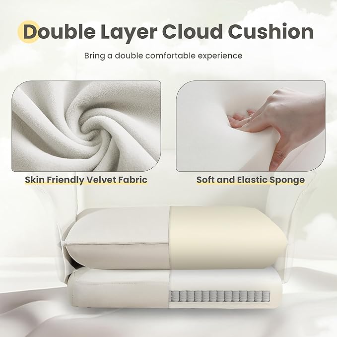 High Back Office Chair, Velvet Shaking Home Office Chairs with Double Layer Cloud Cushion and Retractable Footrest, Adjustable Backrest Women Office Chair, Makeup Chairs for Bedroom (Beige)