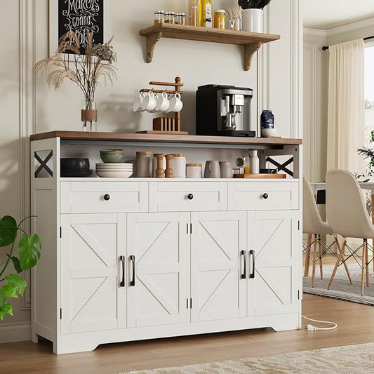 51" Farmhouse Buffet Sideboard Cabinet with Storage, White Kitchen Storage Pantry Cabinet with Drawers, Wood Cupboard Hutch, Coffee Bar Station Table for Kitchen, Living Room, Dining Room