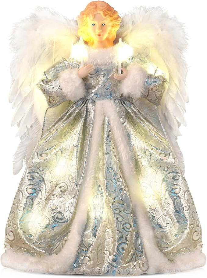 Angel Christmas Tree Topper with Lights, Lighted Tree Toppers Christmas Decorations, Elegant and Durable, Perfect for Holiday Home Decor and Gifts, Silver, WOKEISE