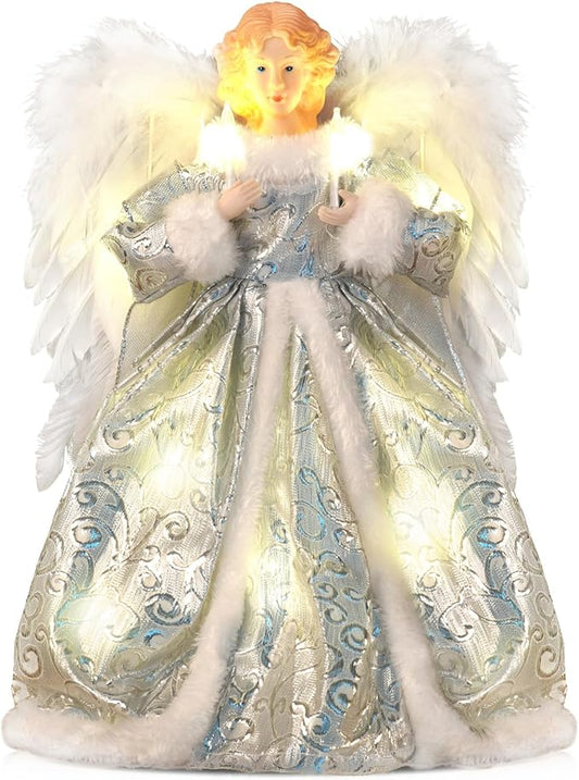 Angel Christmas Tree Topper with Lights, Lighted Tree Toppers Christmas Decorations, Elegant and Durable, Perfect for Holiday Home Decor and Gifts, Silver, WOKEISE