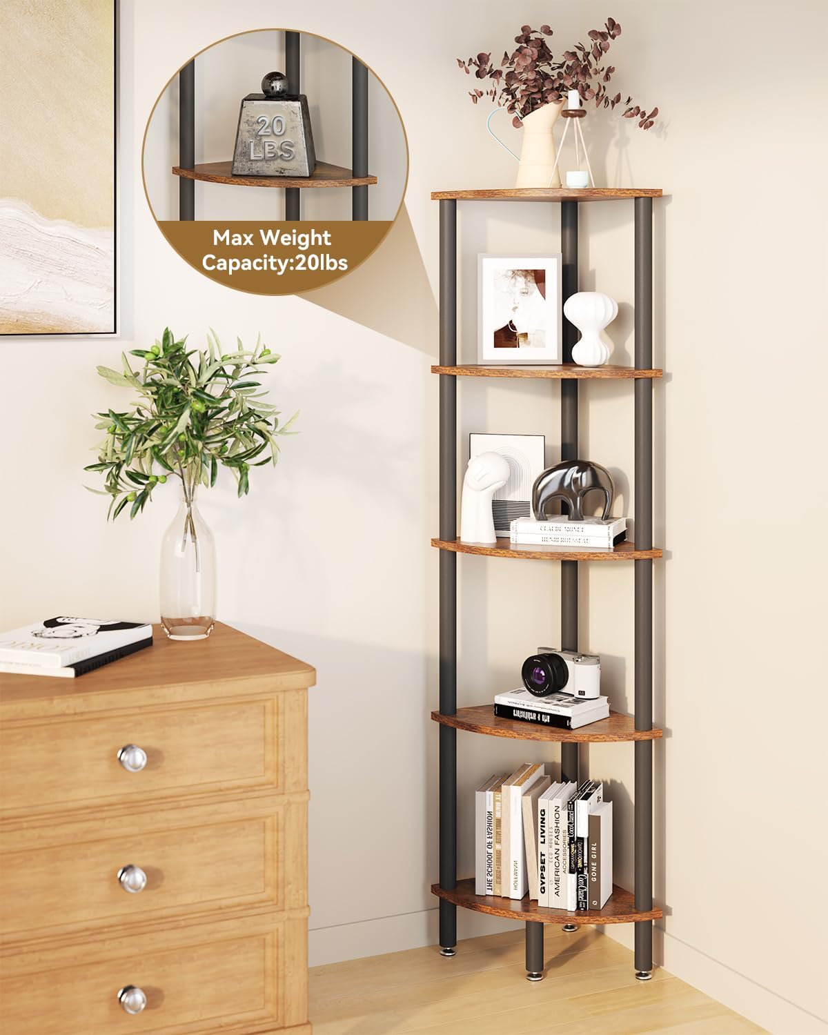 IBUYKE 5 Tier Corner Shelf Stand,Industrial Corner Display Rack,Corner Bookshelf for Living Room, Bedroom, Kitchen, Home Office, Brown WBC010H