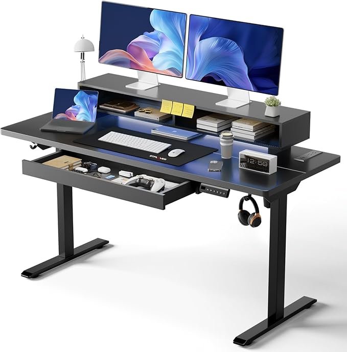 GTPLAYER Electric Standing Desk with Drawers, 48 x 24 Inch Height Adjustable Gaming Desk with Monitor Stand, Power Outlets & LED Lights, Home Office Sit Stand Up Desk with Memory Preset (Ebony Black)