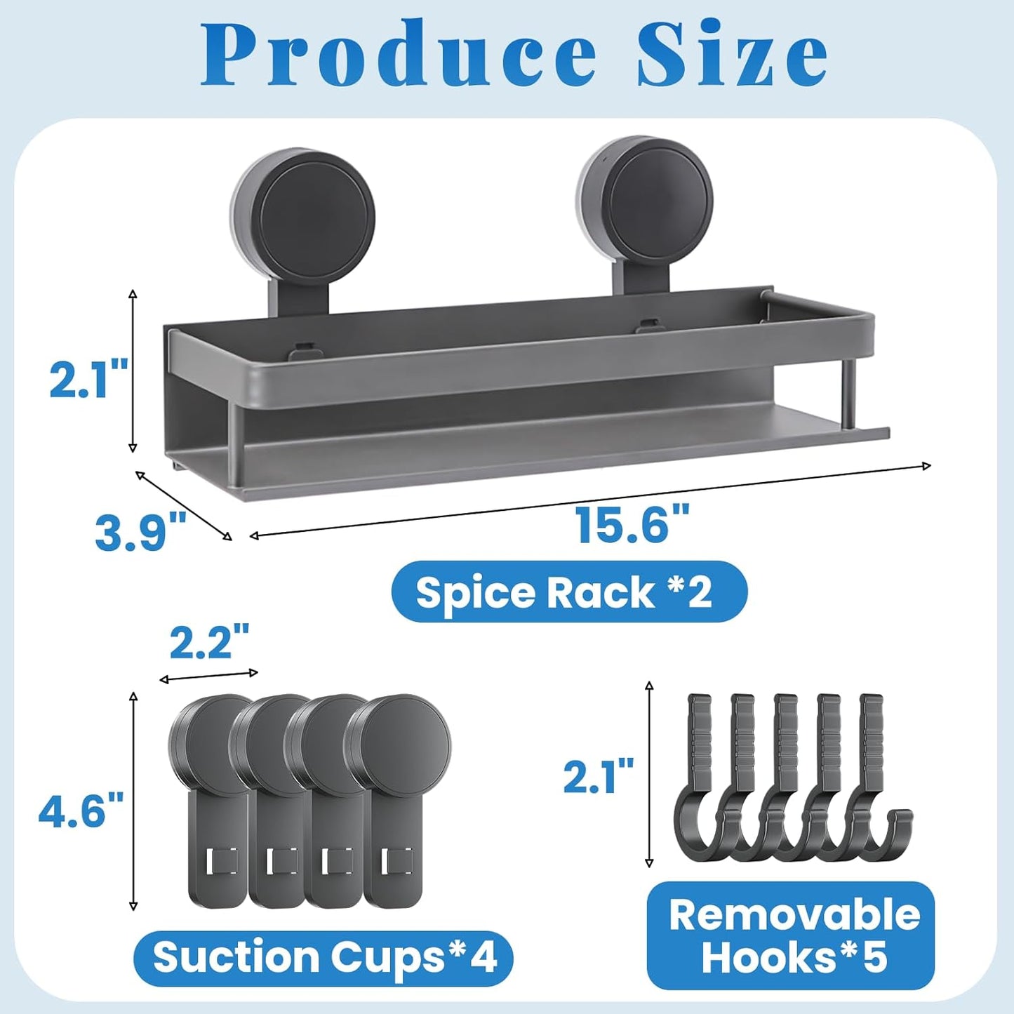 ONXE Suction Cup Shower Caddy,2 Pack Spice Rack No-trace for Bathroom with 5 Hook Rack for Smooth Wall, Seasoning Organizer Stuff Storage Shelf,Home Kitchen Accessories Gadgets