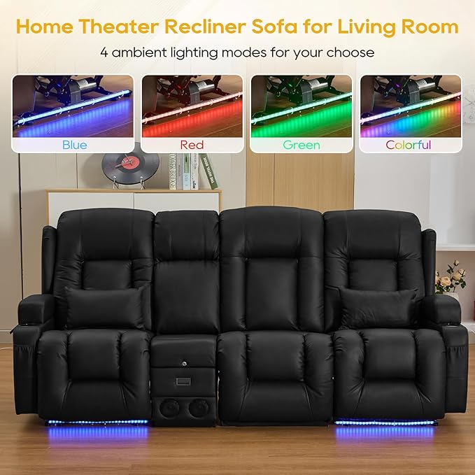 IPKIG 89" Power Reclining Loveseat Sofa, Electric Home Theater Seating with Console/4 Colors Ambient Lighting/Bluetooth Speakers/USB Ports/Built-in Outlets (Black, 3-Seater with Console)