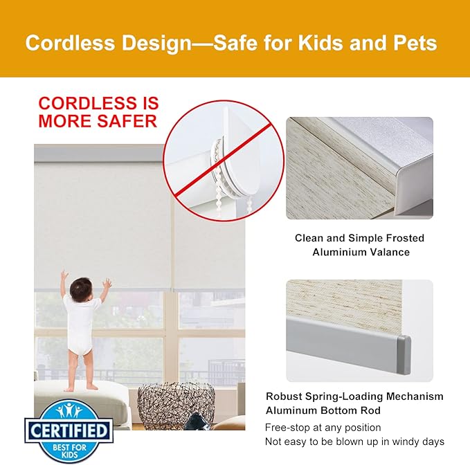 Persilux Light Filtering Shades for Windows, Cream 45" W x 72" H Natural Woven Polyester Fabric Thermal Insulation Cordless Roller Blinds for Windows, Home, Doors, Kitchen