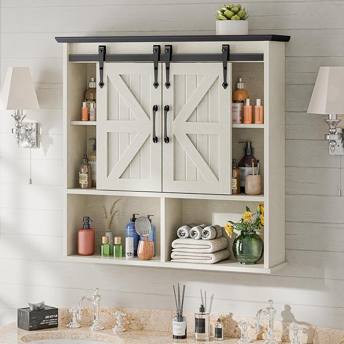 Vabches Bathroom Wall Cabinet, Farmhouse Medicine Cabinet with Double Sliding Barn Door and Adjustable Shelves, Wooden Vintage Storage Cabinet Wall Mounted for Bathroom, Kitchen, White and Black