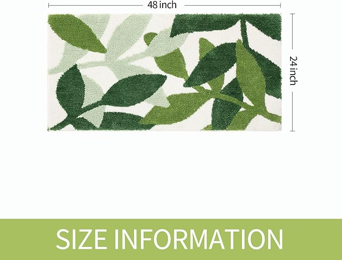 Gibelle Long Bathroom Runner Rug 24"x48", Green Leaves Large Bath Runner Rugs for Bathroom, Non-Slip Strong Water Absorbent Plush Microfiber Bath Mat Runner Washable