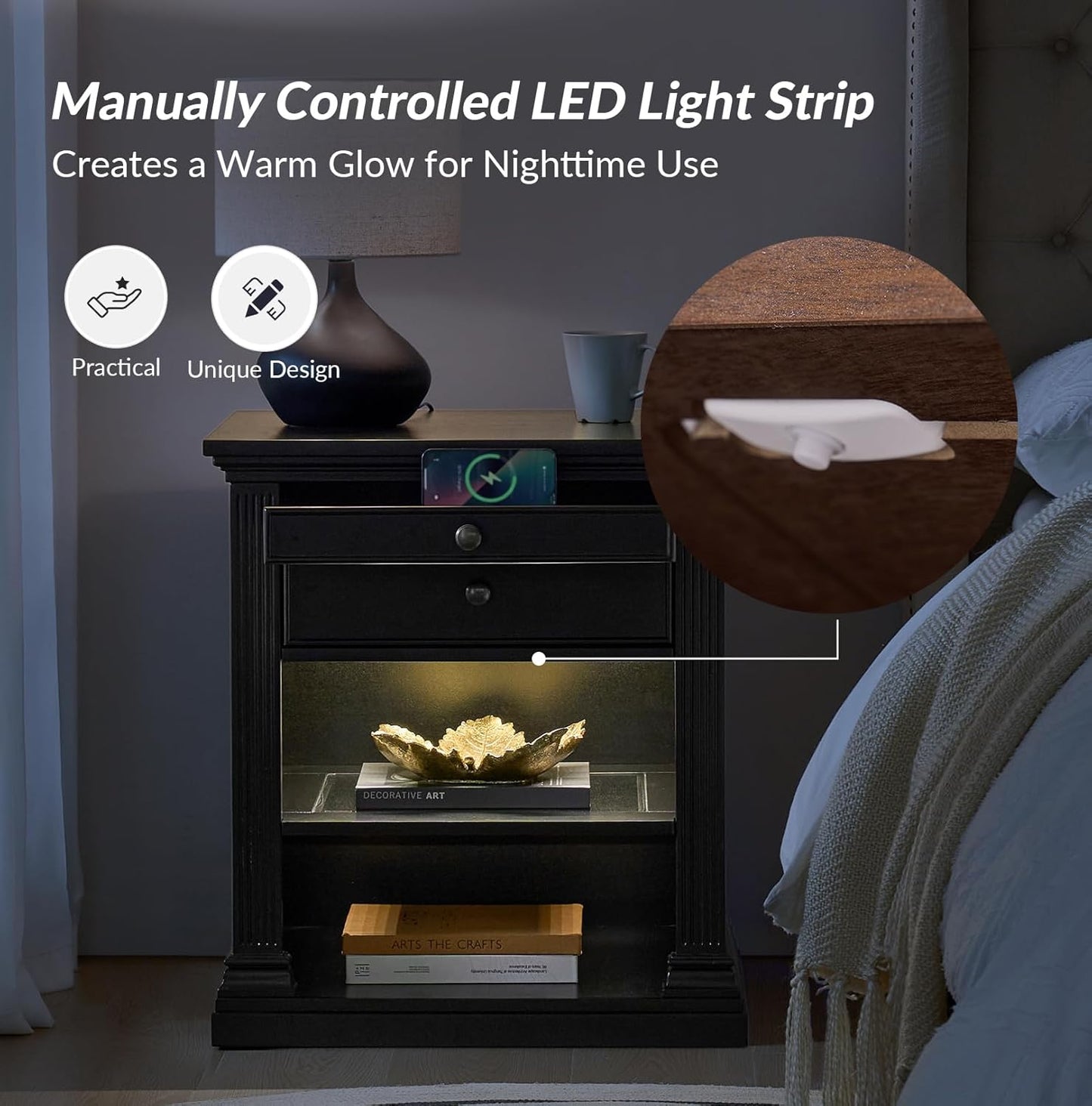 HULALA HOME Wood Nightstand with Tray and Storage Shelves, Traditional Design with Roman Column, End Table with Charging Station/LED, Black