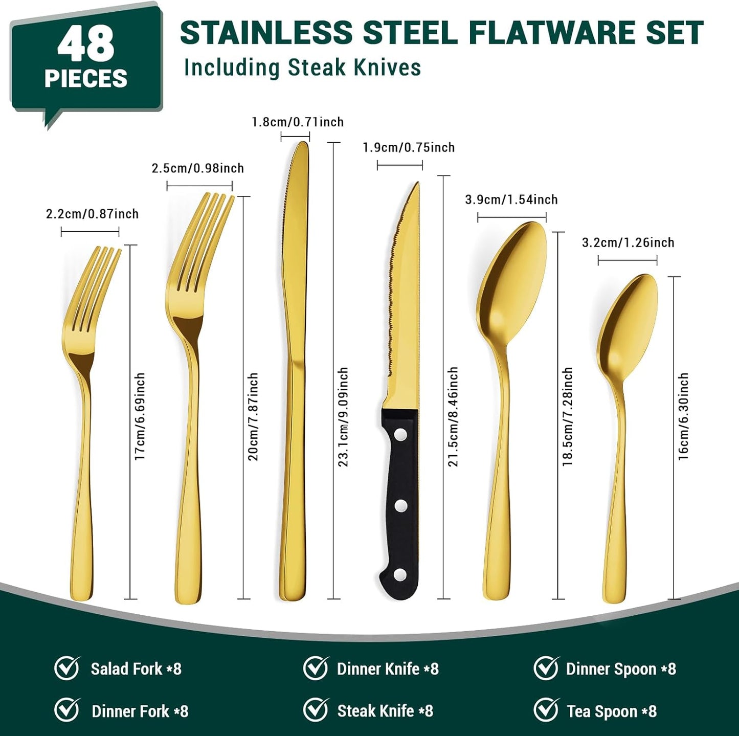 BEWOS 48-Pieces Gold Silverware Set for 8 - Stainless Steel Flatware Set with Mirror Polish, Silverware Sets Including Steak Knives, Forks and Spoons, Dishwasher Safe for Restaurant