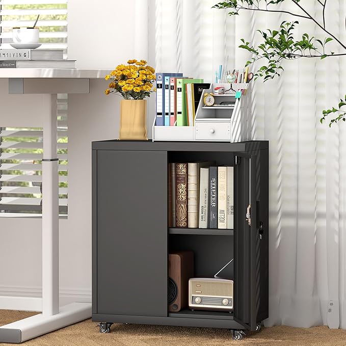 LUCYPAL Metal Storage Cabinet with Wheels,31.5" H Steel Storage Cabinet with Locking Doors and Adjustable Shelves,Metal Garage Storage Cabinets for Home Office,Kitchen,Black