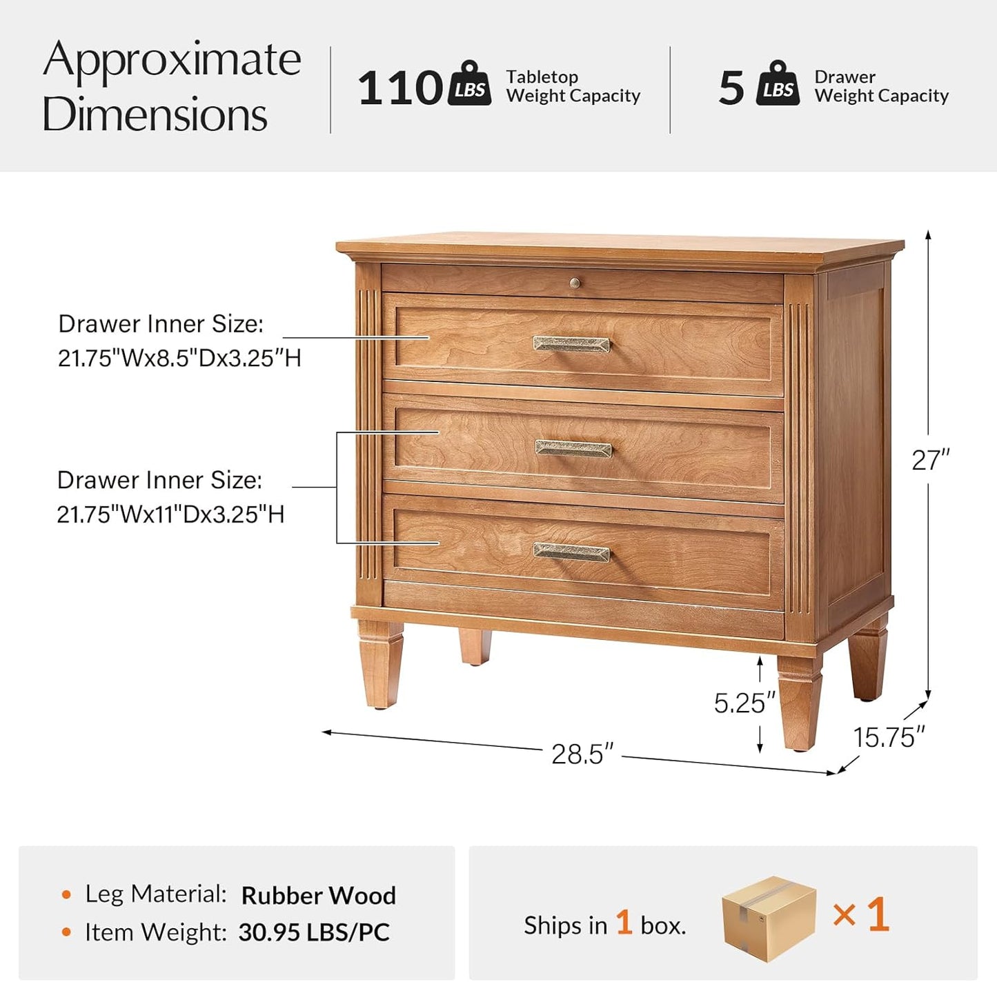 HULALA HOME Farmhouse Nightstand with Charging Station, Pull-Out Tray, 3 Drawers Nightstand with Solid Wood Legs, Wood Veneer Bedside Table with Open Shelf, Acorn