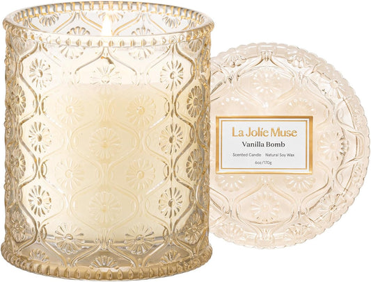 LA JOLIE MUSE Fall Candle | Vanilla Bomb Candle –Vanilla, Lemon Zest & Patchouli | 6 oz Cotton Wick | Natural Soy Wax | 40 Hours Clean Burn | Gift-Ready for Autumn Hosting | Seasonal Home Décor