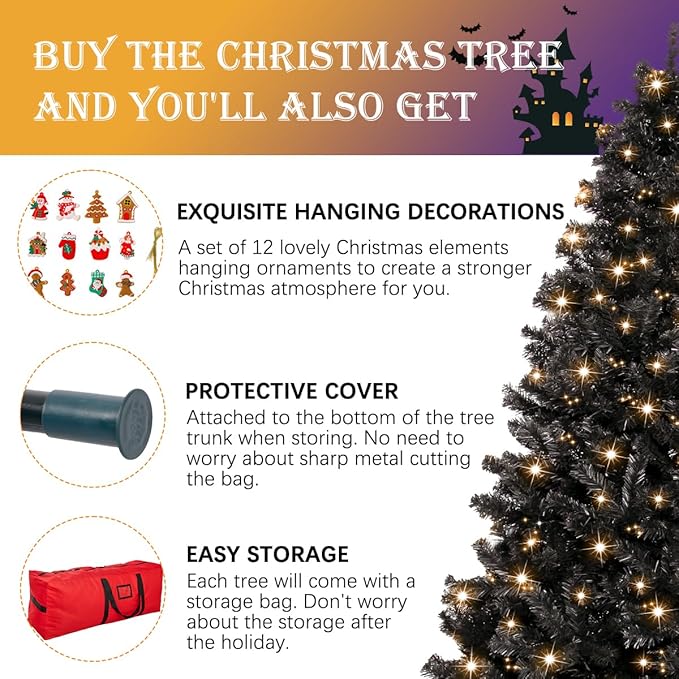 5FT Pre-Lit Black Christmas Tree, Small Artificial Halloween Tree with 600 Branch Tips, Xmas Full Tree for Indoor Holiday Party,200 Warm Lights, Foldable Metal Stand