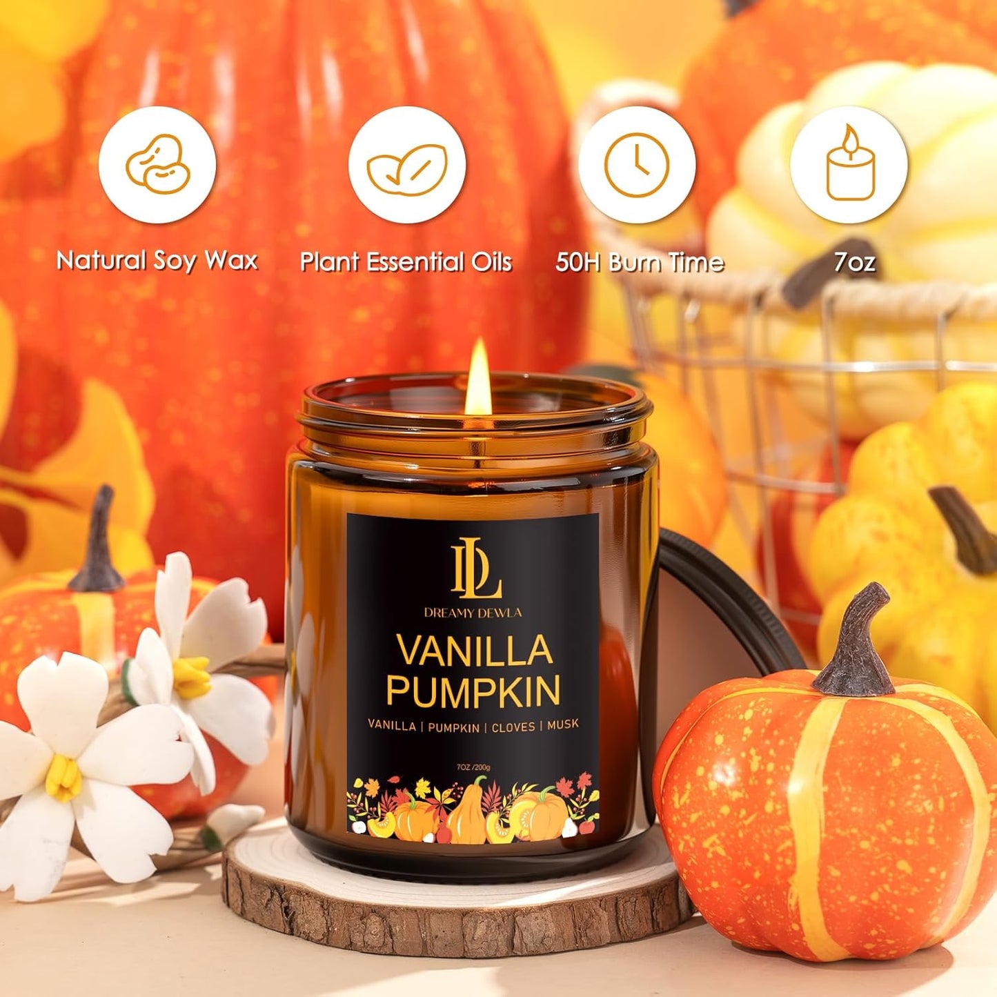 Fall Candle | Vanilla Pumpkin Scented Candle - Autumn Home Decor, 7oz Autumn Soy Candles with 50hr Burn Time, Holiday Thanksgiving Fall Gifts for Women Men