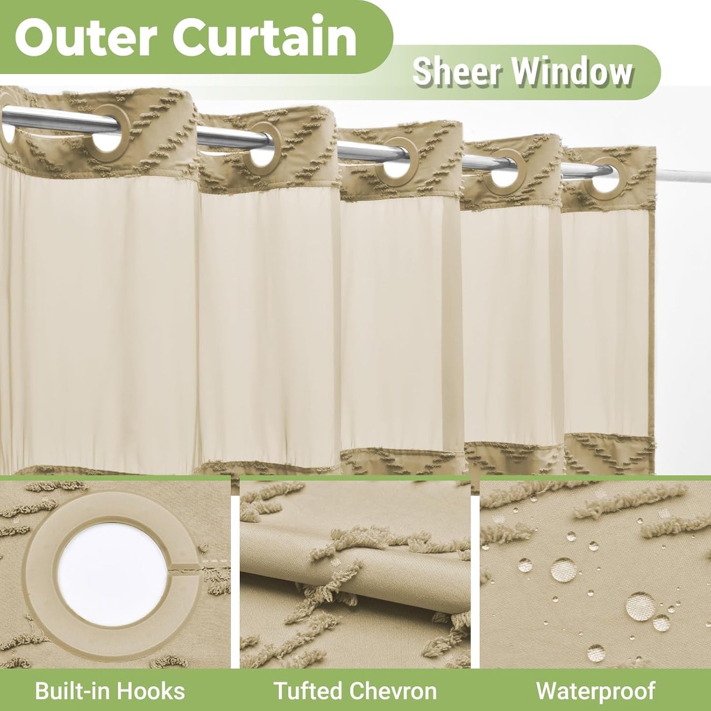 No Hook Shower Curtain with Snap in Liner, Tufted Chevron Striped Shower Curtain Set for Bathroom, Boho Waterproof and Washable Shower Curtains,71Wx74H, Khaki