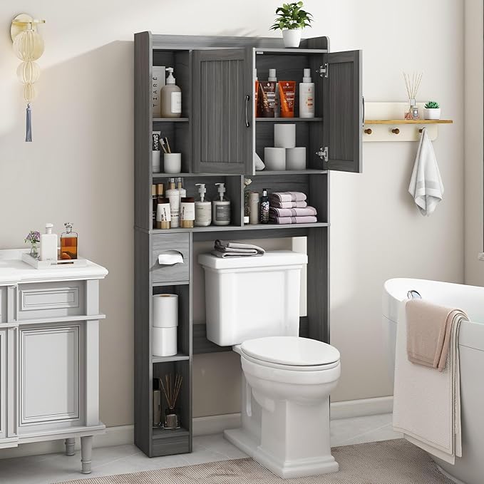 Over The Toilet Storage Cabinet, Farmhouse Storage Cabinet Over Toilet with Barn Door，Home Space-Saving Toilet Rack for Bathroom, Restroom and Laundry.（Wash Grey）