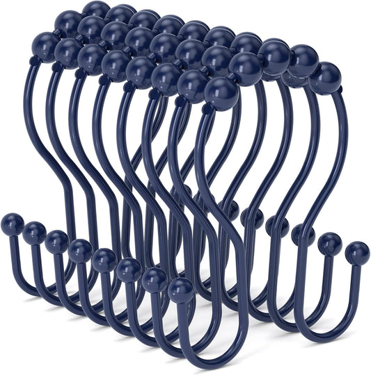 Shower Curtain Hooks, Shower Curtain Rings Rust Proof Navy Blue Double Hook Shower Curtain Hooks, 12 Pcs Shower Hooks for Shower Curtain, Shower Rings for Curtain, Metal Shower Rod Hooks
