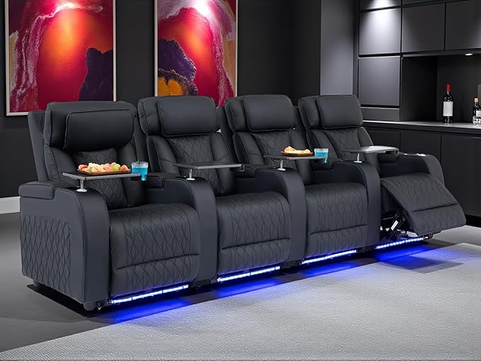 Home Theater Seating Top Grain Leather, Movie Theater Chairs Theater Recliner Sofa with Dual Power Ergonomic Design 7 Colors Ambient Lighting Tray Table Type-C USB Charge (Black, Row of 4)