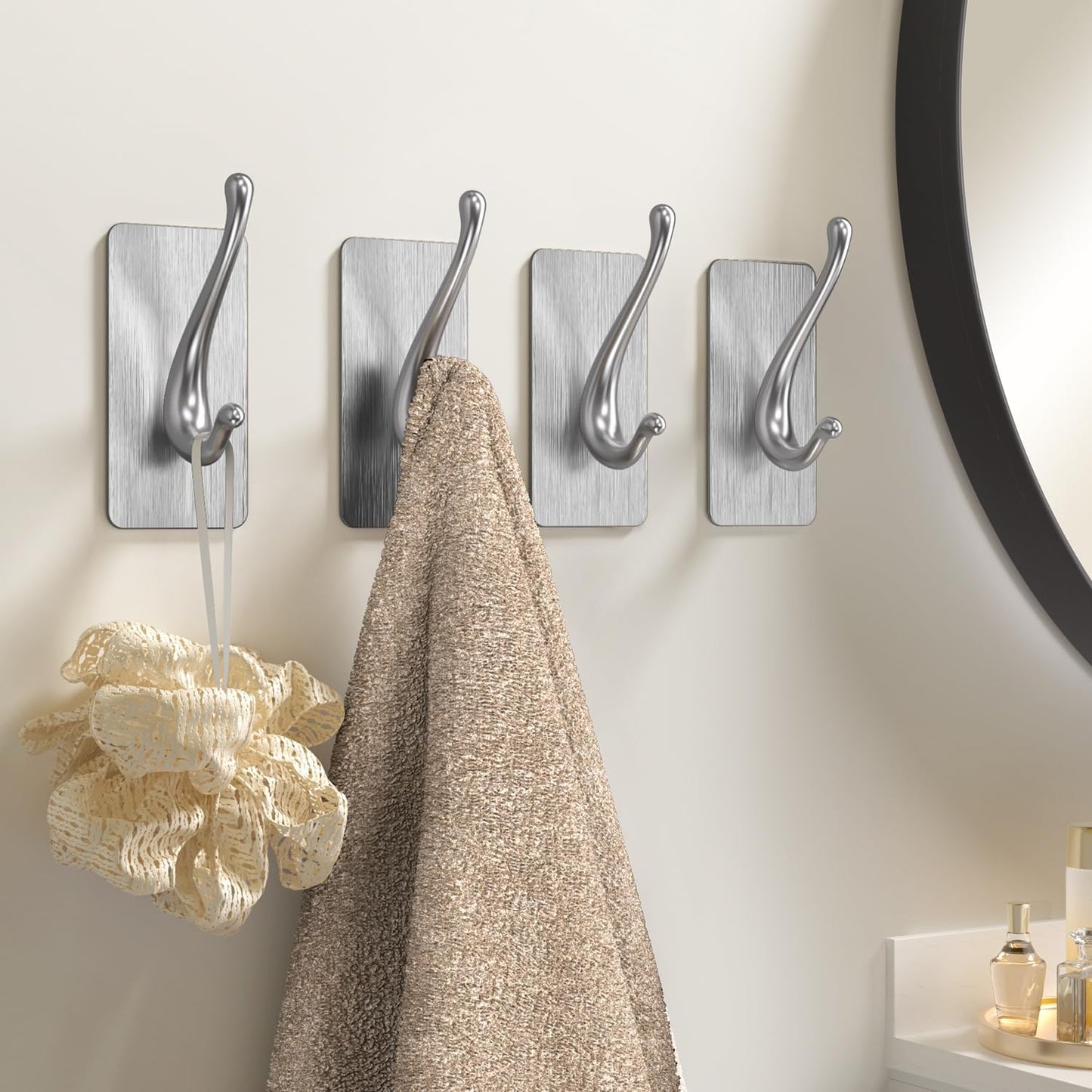 Towel Hooks, Solid Alloy Adhesive Wall Hooks for Hanging, Towel Hooks for Bathroom, RV, Kitchen, Closets, etc (Silver, 2 Pack)