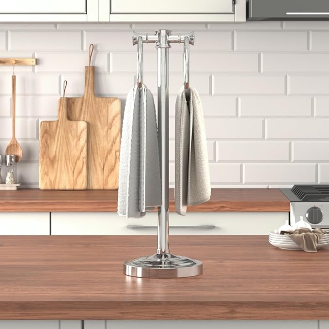 Hoimpro 17" Polished Chrome Standing Towel Rack Bracket, Double Towel Ring Free Hand Towel Stand Holder Bathroom Hardware Accessories Set Towel Bar for Bathroom Vanities and Kitchen Countertops