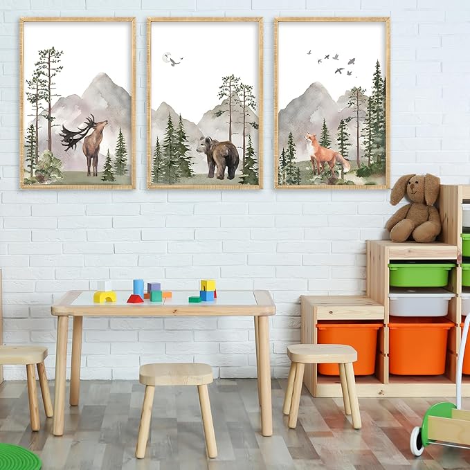 Set Of 3 Wild Woodland Nursery Animals Wall Art Decor 16x11 Inch Safari Foggy Forest Deer Bear Fox Posters Wood Framed Sign Jungle Children's Boys Girls Room Watercolor Prints Hang (Wood)