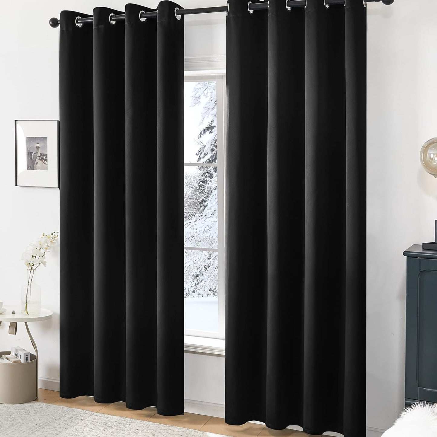 Deconovo Blackout Curtains – Noise-Reducing & Energy-Saving Grommet Top Thermal Insulated Drapes, 2 Panels, Jet Black, 52W x 72L Inches – Light Blocking & Privacy for Bedroom & Living Room